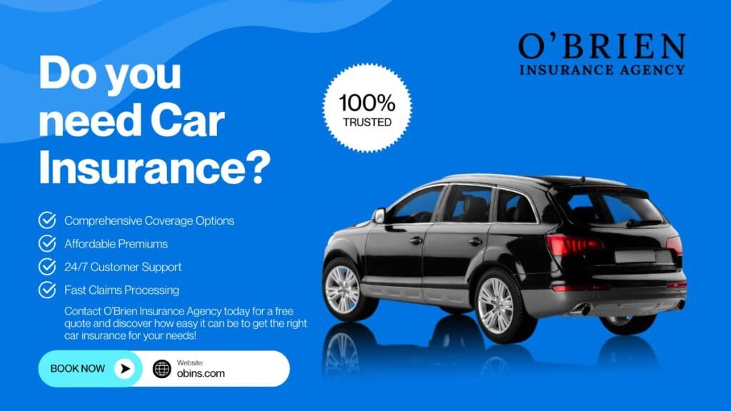 Banner for car insurance featuring a black SUV on a blue background, highlighting coverage options, affordable premiums, 24/7 customer support, and fast claims processing